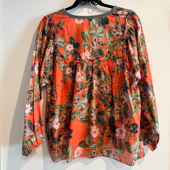 Johnny Was Workshop Top Orange Keyhole Neck Tasseled Floral Long Sleeve Sz S - Picture 5 of 5